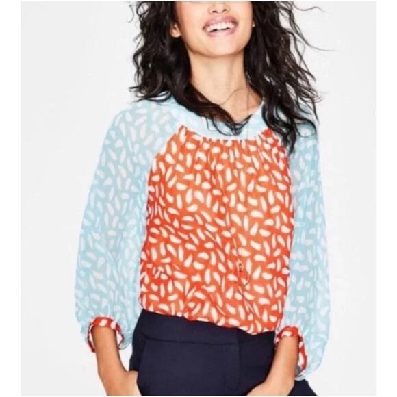 Boden Sylvie Sheer Lined Top Crop Sleeve Blood Orange Teal Brushstroke SZ 8 - Picture 10 of 10